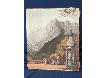 Oil On Canvas Painting Of A Mountain Top Temple Signed In Characters