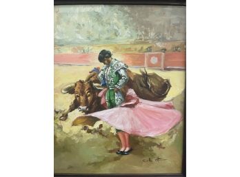 Vintage Carlos Otero Bull Fight Painting  On Canvas