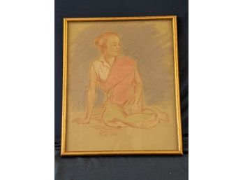 Initialed Pastel On Artist Paper Young Woman Dated 1960