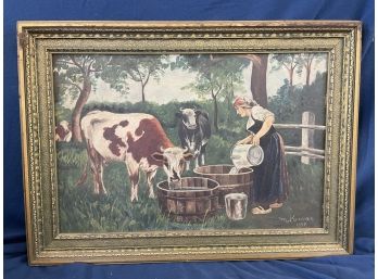 Antique 1908 Folk Art Oil On Board Cow Painting