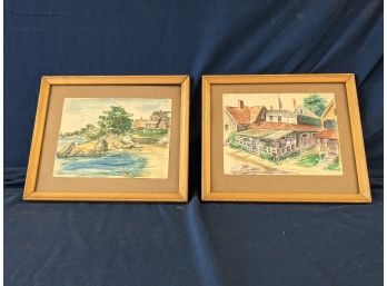 Pair Of Small Paintings Watercolor And Pen And Ink - Hilyer's Public Bath House - Waterford Connecticut