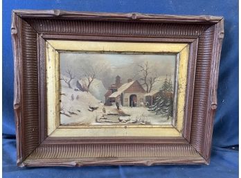 Antique American Winter Snow Scene Painting With Carved Frame