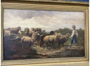 Large Antique Oil On Canvas Sheep Pastoral Painting