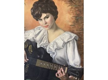 Vintage Oil On Canvas By George Chrisholm Woman Playing Guitar .............