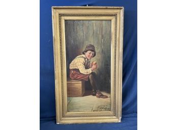 Signed Antique On Canvas Painting Of Seated Boy