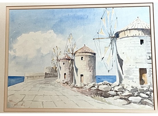 Illegible Signed Watercolor Windmills