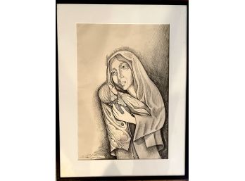 Etching Of Mother Holding Child 1981 Signed Tiga?