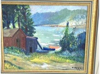 Framed Helen Meier 1954 Oil Painting Lakeside Retreat