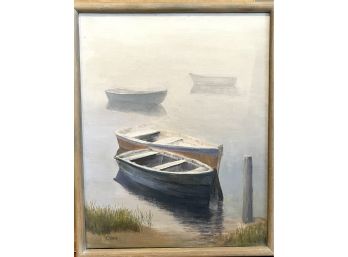 Oil On Canvas Painting Fog Rolling In On Rowboats Signed CBM