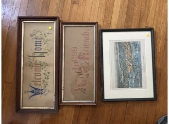 2 Needlepoint Mottos And A Currier And Ives Print