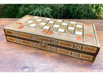 Middle Eastern Wooden Inlaid Marquetry Box Game Backgammon And Chess