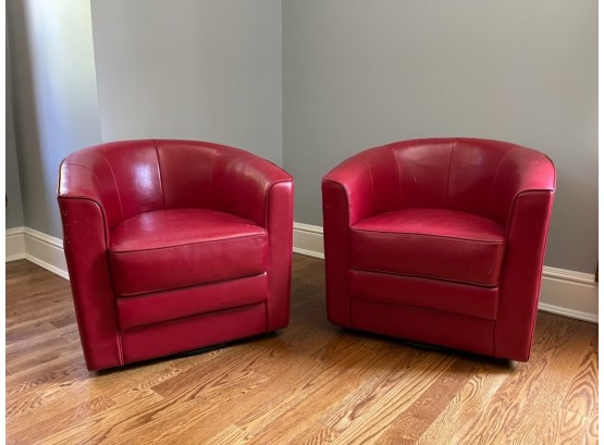 Simon Li Red Leather Barrel Chairs - A Pair