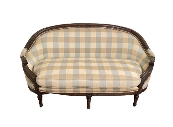 Hickory Chair Curved Back Settee Canape W Plaid Fabric Upholstery & Nailhead Detail ( Paid $3,780 See Receipt