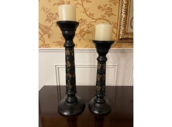 Set Of 2 Carved Pillar Candle Holders