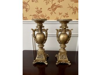 Gold Urn Form Pillar Candle Holders- A Pair
