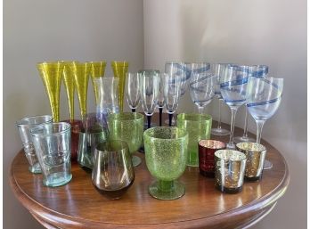 6 Hand Painted Crystal Champagne Flutes, 6 Large Clear Blue Swirl Wine Glasses & More!