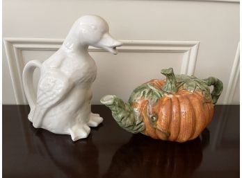 Ceramic Pumpkin Tea Pot & A White Ceramic Gurgle Pitcher In The Form Of A Duck