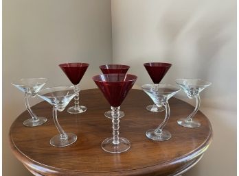 4 Libbey Bravura Clear Curved Stem Martini Glasses And 4 Crystal Red Ruby Cocktail Glasses