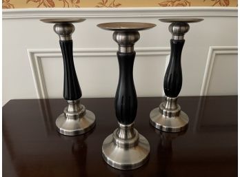 Set Of Three BLK/ SILVR Pillar Candle Holders