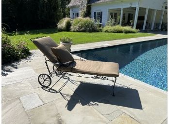 Mid Century Black Woodard Wrought Iron Chaise Lounge With RH Cushion & Pillow