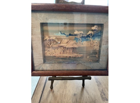 Exquisite Vintage Small Hand Embroidered Japanese Pagoda Scene. In Frame On Stand