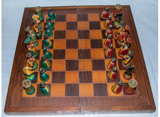 Unique Wooden Carved Chess/backgammon Board With Wooden Chess Pieces