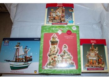 Set Of 4 Holiday Village Pieces Including Nautical Theme