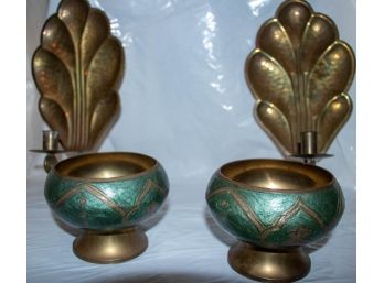 Set Of 2 Candle Sconces And 2 Brass Bowls
