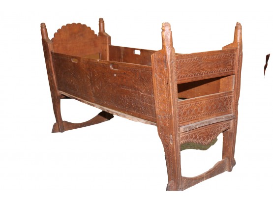 Very Early Antique Primitive Folk Art Baby Furniture Crib With Bonnet And Carvings