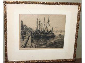 Old Artist Signed Lithograph Or Engraving With Tugboats Bridges And Ships At Wharf