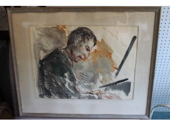 Jazz Musician Dick Katz By Listed Artist Bruce Mitchell 1908-1963 Large Mixed Media Portrait Original Painting