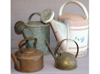 Group Lot Of Vintage Watering And Gardening Cans With Painted, Galvanized And Copper