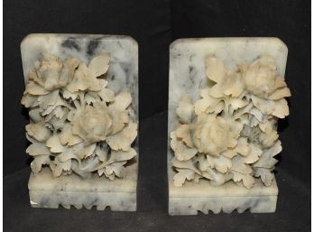 Pair Of Old Carved Floral Marble Bookends