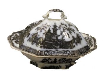 Antique Mid 1800s Early Victorian Mulberry Flow Black Transferware Tureen With Lid