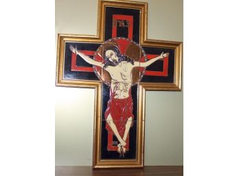 Large Painted Tile Art Piece Jesus On Cross Crucifix - Religious Wall Display Looks Midcentury