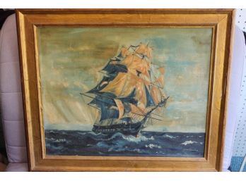 Listed Artist Mary Dobson Original Oil On Canvas Painting Tall Ship At Sea