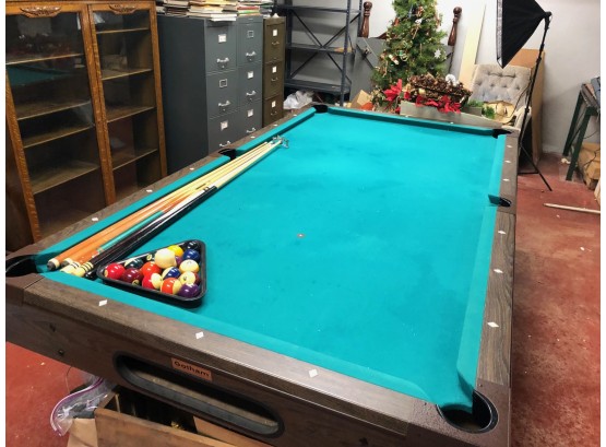 Vintage Billiard Pool Table With Balls, Sticks And Some Other Accessories