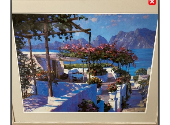 Colorful Scenic Behrens Seascape Print Featuring Idyllic Terraced Coastline With Mountains In Distance