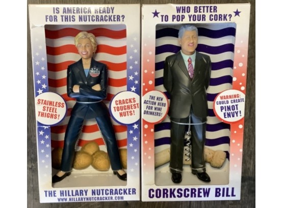 Lot Of Two - Hilary Clinton Nutcracker And Bill Clinton Corkscrew New In Box