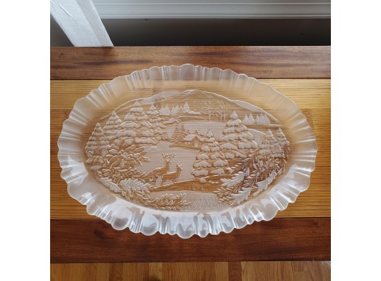 Lovely Wintery Scene Frosted Large Glass Oval Serving Platter With Ribbon Edging