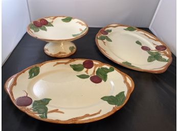 Vintage Franciscan Apple Pattern Compote Cake / Pastry Pedestal Serving Dish & Two Oval Serving Platters
