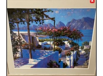 Colorful Scenic Behrens Seascape Print Featuring Idyllic Terraced Coastline With Mountains In Distance