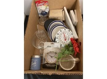 Treasure Lot Of Mostly Kitchen/host Items Featuring Clock, Food Timer, Glassware, Cossters And Pltes