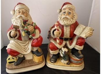 Two Vintage Handmade And Hand Painted Porcelain Melody In Motion Santas - Their Right Hands Move
