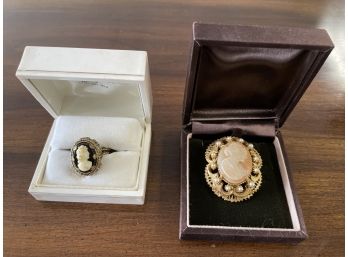 Vintage Pair Of Lovely Cameos: One Ring One Pin With Pearls