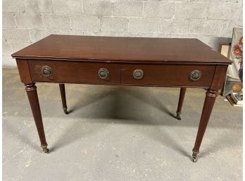 Lovely Vintage Cherry Table With Four Turned Legs & Metal Casters