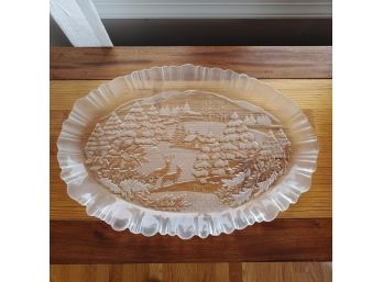 Lovely Wintery Scene Frosted Large Glass Oval Serving Platter With Ribbon Edging