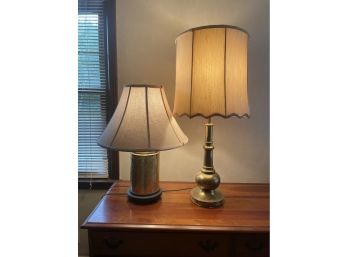 Pair Of Vintage Working Brass Lamps With Shades