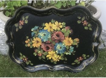 Vintage Hand Painted Tole Scalloped Flower Tray