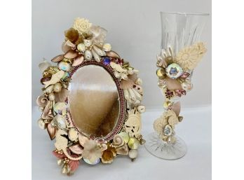Wendy Gell Handmade Jeweled Mirror & Champagne Flute, Signed